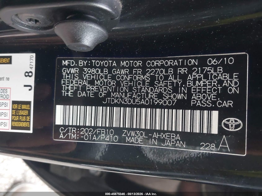 TOYOTA PRIUS 2010 VIN JTDKN3DU5A0199007