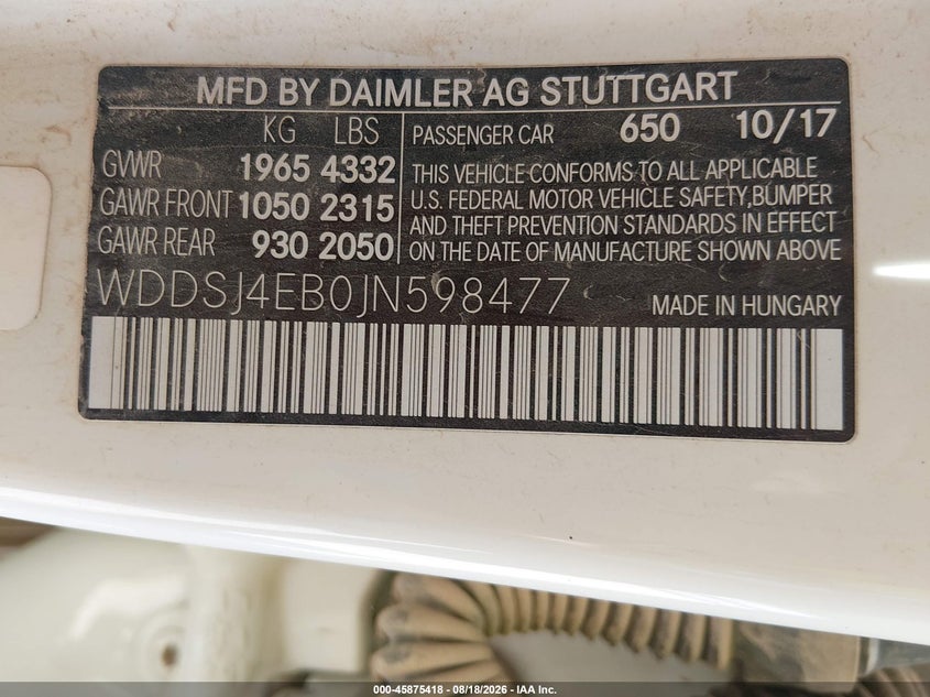 MERCEDES-BENZ CLA 250 2018 VIN WDDSJ4EB0JN598477