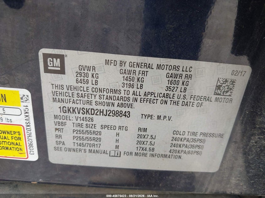 GMC ACADIA LIMITED 2017 VIN 1GKKVSKD2HJ298843