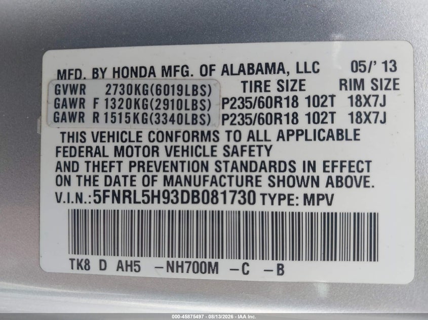 HONDA ODYSSEY 2013 VIN 5FNRL5H93DB081730