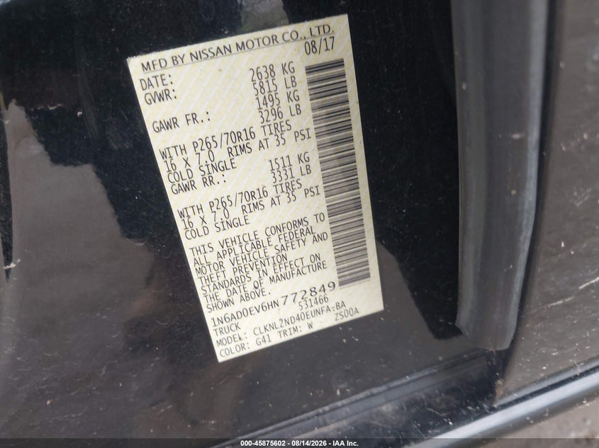 NISSAN FRONTIER 2017 VIN 1N6AD0EV6HN772849