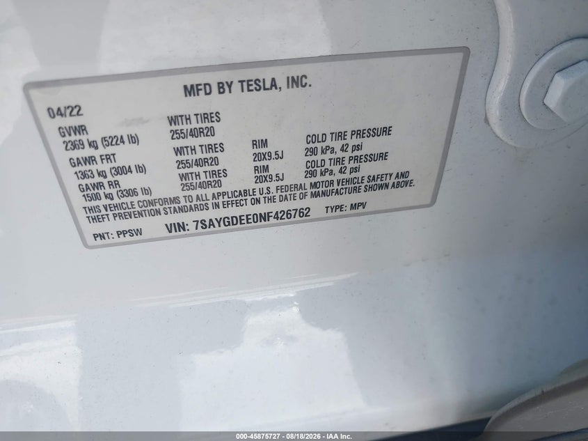 TESLA MODEL Y 2022 VIN 7SAYGDEE0NF426762