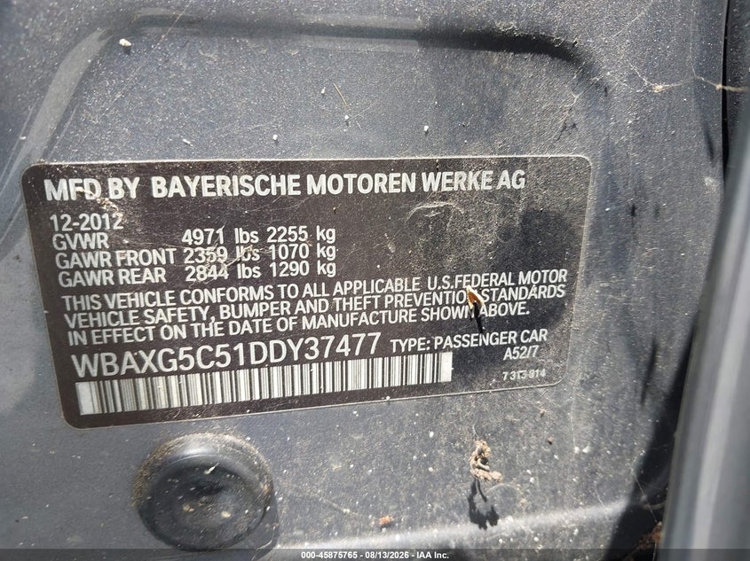 BMW 528I 2013 VIN WBAXG5C51DDY37477