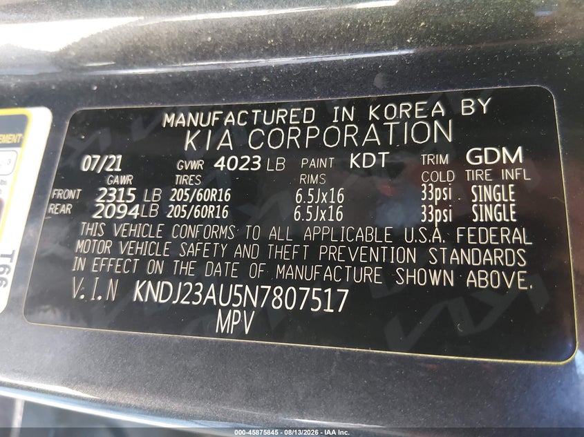 KIA SOUL 2022 VIN KNDJ23AU5N7807517