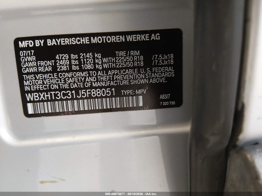 BMW X1 2018 VIN WBXHT3C31J5F88051