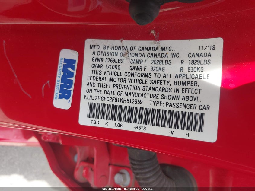 2019 HONDA CIVIC SEDAN 2.0L I-4 DOHC, VVT, 158HP
