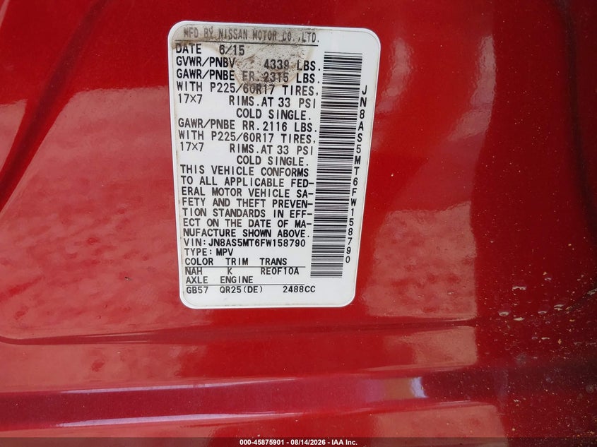 NISSAN ROGUE SELECT 2015 VIN JN8AS5MT6FW158790