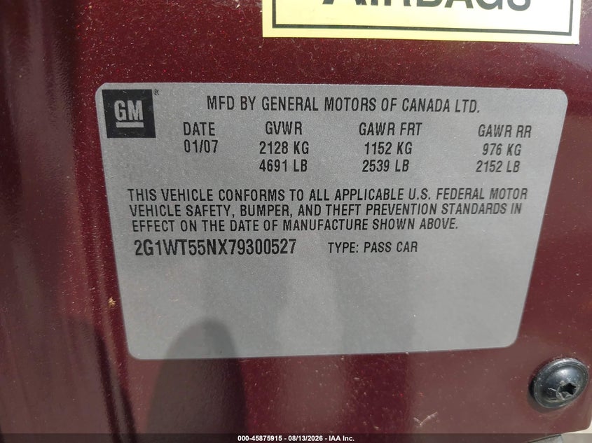 2007 CHEVROLET IMPALA SEDAN 3.5L V6 FI F