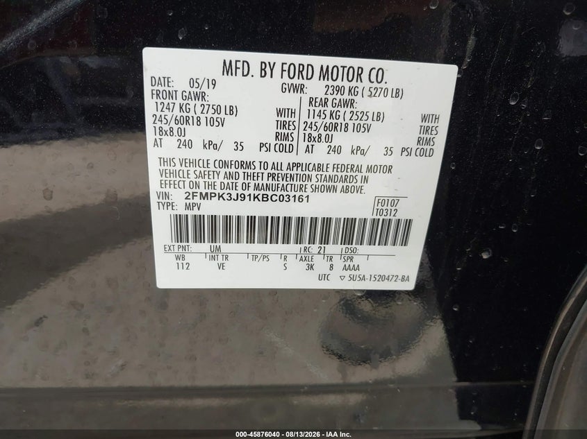 FORD EDGE 2019 VIN 2FMPK3J91KBC03161