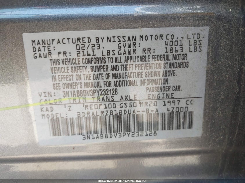 NISSAN SENTRA 2023 VIN 3N1AB8DV3PY232128