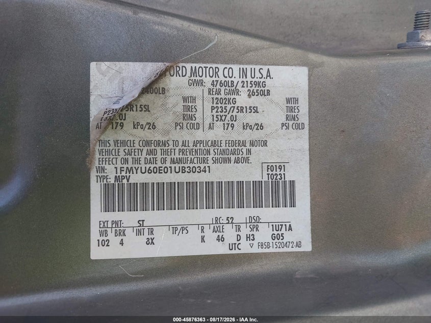 FORD EXPLORER SPORT 2001 VIN 1FMYU60E01UB30341