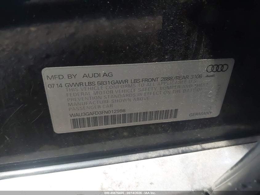 AUDI A8 2015 VIN WAU3GAFD3FN012998