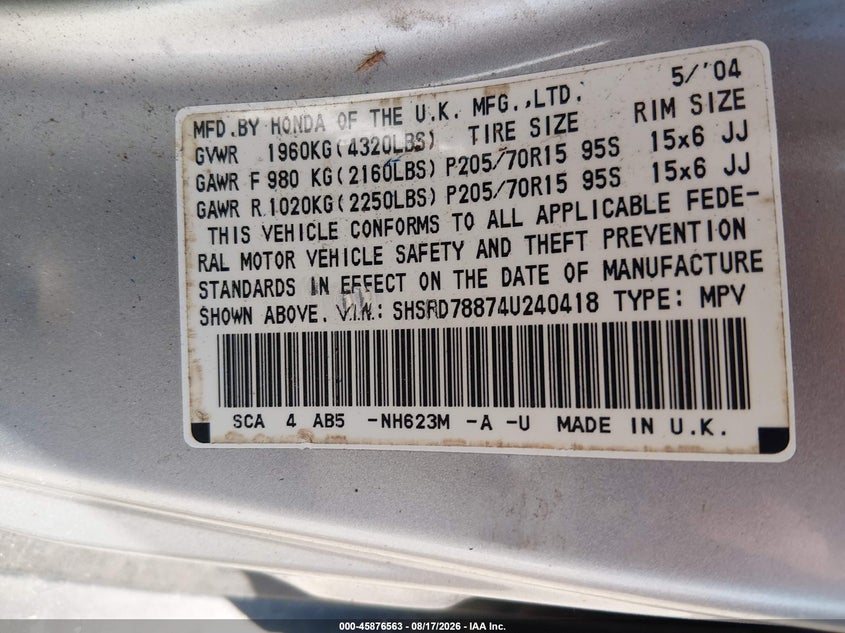 2004 HONDA CR-V SPORT UTILITY VEHICLE 2.4L I-4 DOHC, VVT, 160HP