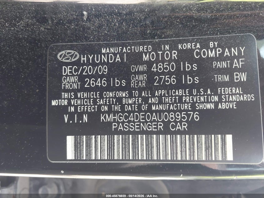 HYUNDAI GENESIS 2010 VIN KMHGC4DE0AU089576
