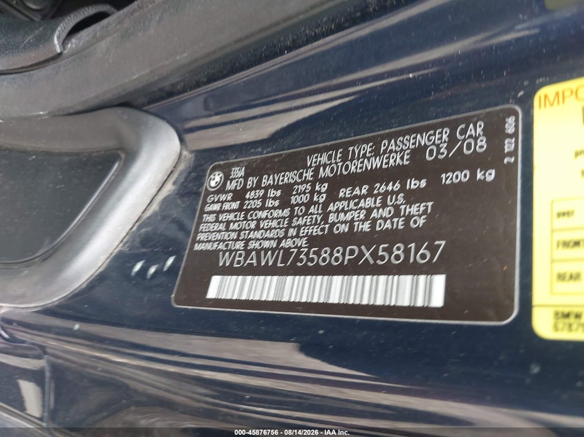 BMW 335I 2008 VIN WBAWL73588PX58167