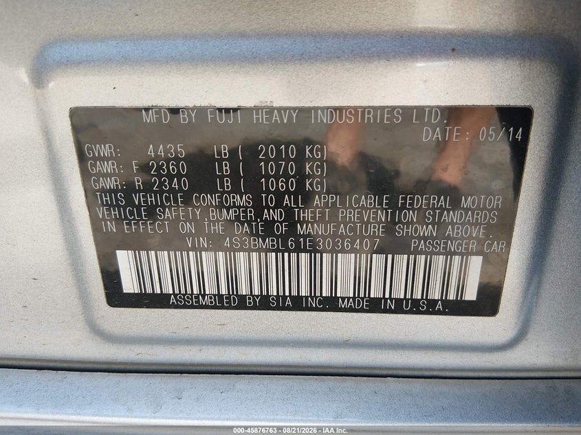 SUBARU LEGACY 2014 VIN 4S3BMBL61E3036407