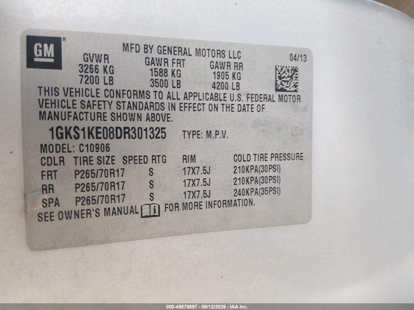 GMC YUKON XL 1500 2013 VIN 1GKS1KE08DR301325