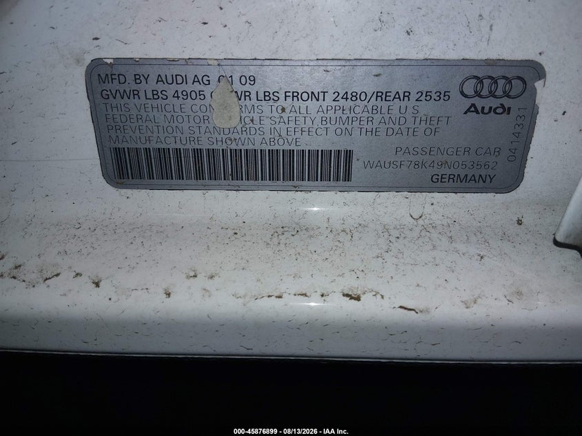 2009 AUDI A4 SEDAN 2.0L I-4 DI, DOHC, VVT, TURBO, 211HP