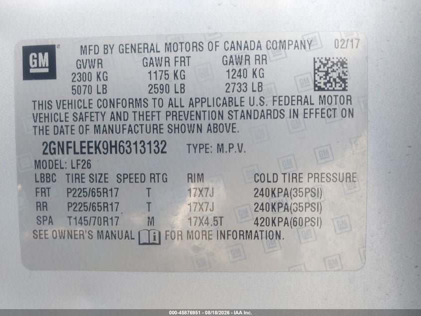 2017 CHEVROLET EQUINOX SPORT UTILITY VEHICLE 2.4L I-4 DI, DOHC, VVT, 182HP