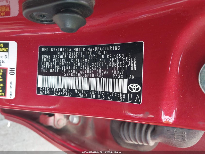 2016 TOYOTA COROLLA SEDAN 1.8L I-4 DOHC, VVT, 132HP