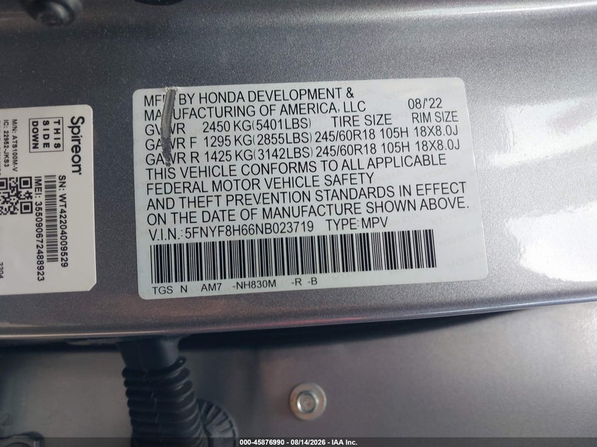 HONDA PASSPORT 2022 VIN 5FNYF8H66NB023719