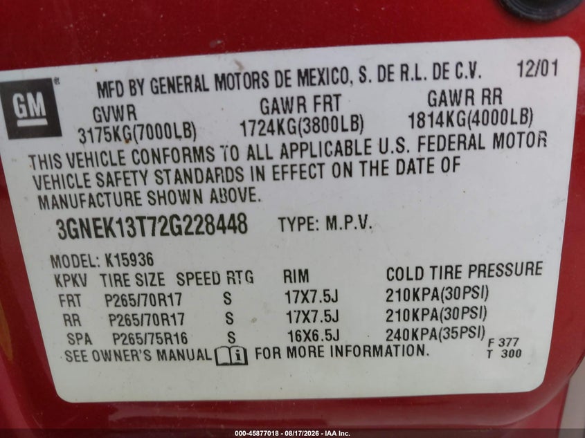 2002 CHEVROLET AVALANCHE SPORT UTILITY VEHICLE 5.3L V-8 285HP