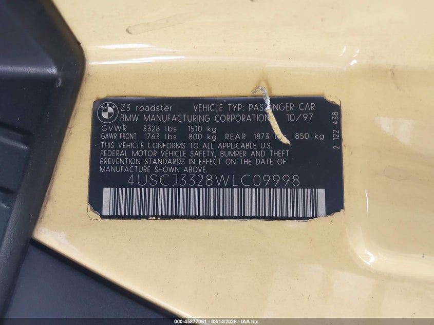 BMW Z3 1998 VIN 4USCJ3328WLC09998