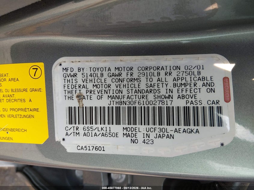 LEXUS LS 430 2001 VIN JTHBN30F610027817