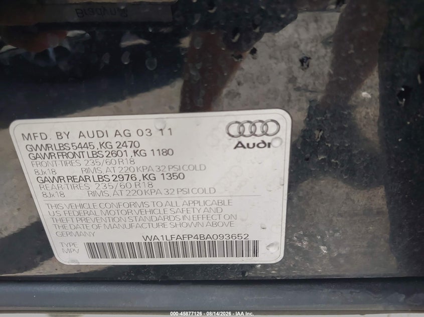 AUDI Q5 2011 VIN WA1LFAFP4BA093652