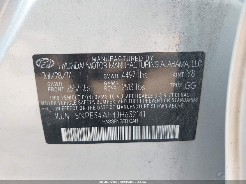 HYUNDAI SONATA 2018 VIN 5NPE34AF4JH632141