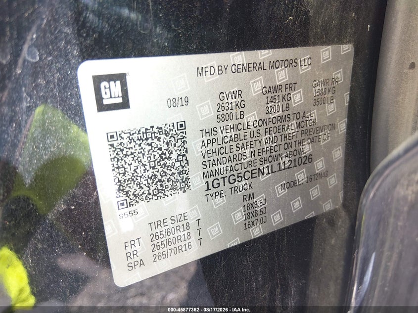 GMC CANYON 2020 VIN 1GTG5CEN1L1121026