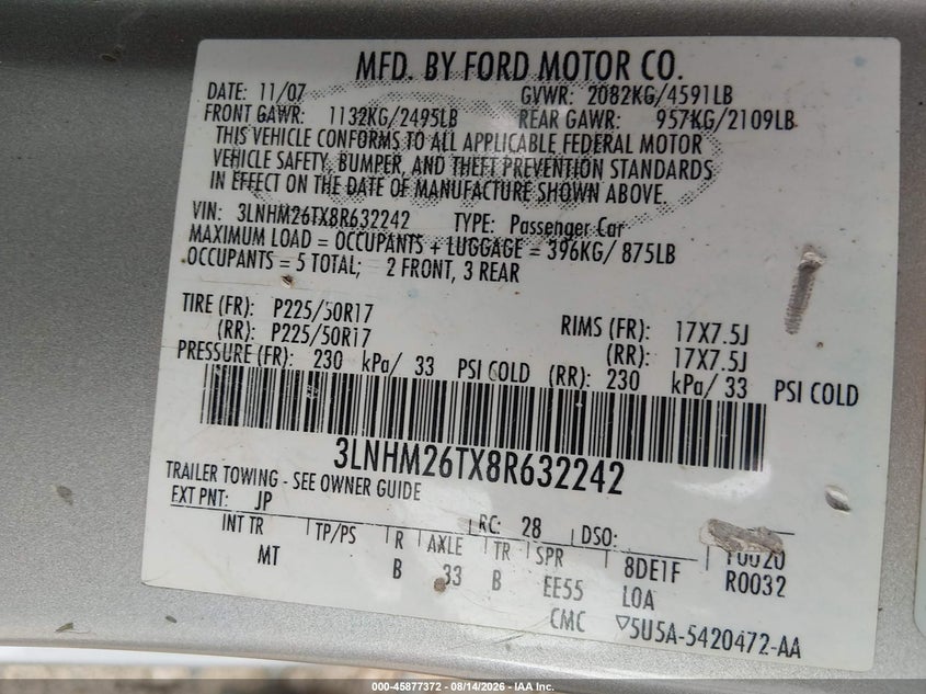 LINCOLN MKZ 2008 VIN 3LNHM26TX8R632242