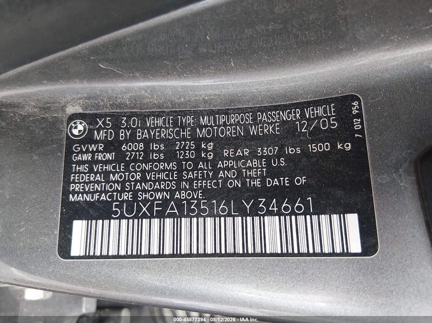 BMW X5 2006 VIN 5UXFA13516LY34661