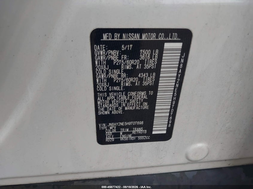 NISSAN ARMADA 2017 VIN JN8AY2NE5H9707698