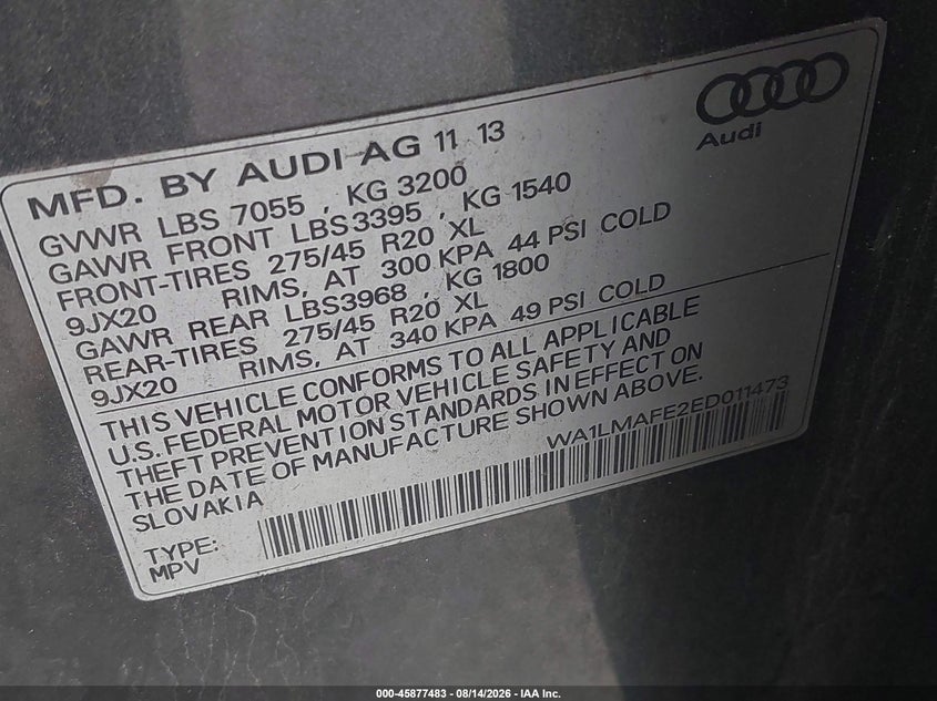 AUDI Q7 2014 VIN WA1LMAFE2ED011473
