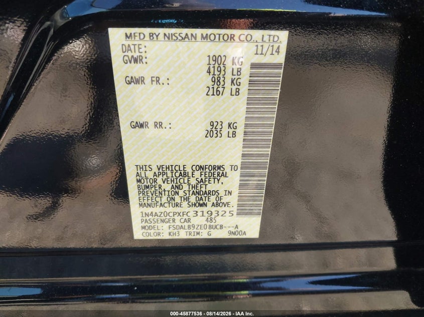 NISSAN LEAF 2015 VIN 1N4AZ0CPXFC319325