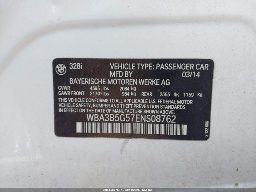 BMW 328I 2014 VIN WBA3B5G57ENS08762