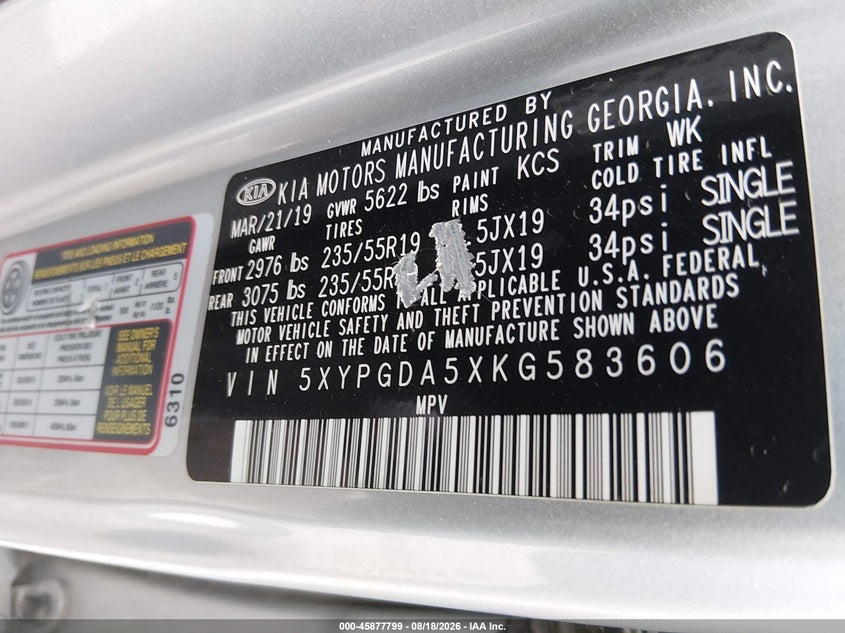 KIA SORENTO 2019 VIN 5XYPGDA5XKG583606