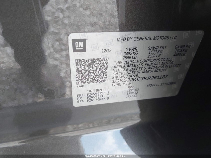 GMC YUKON XL 2019 VIN 1GKS2JKC3KR261187