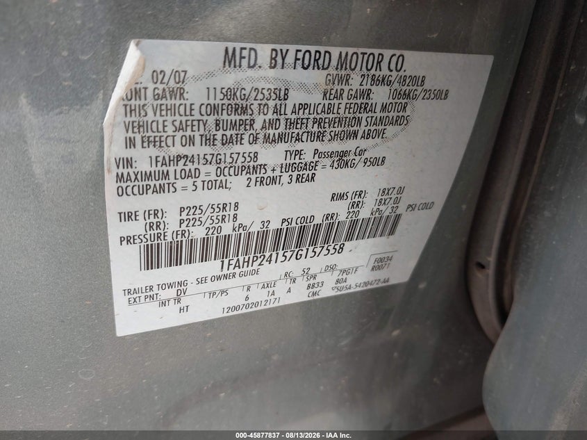 FORD FIVE HUNDRED 2007 VIN 1FAHP24157G157558