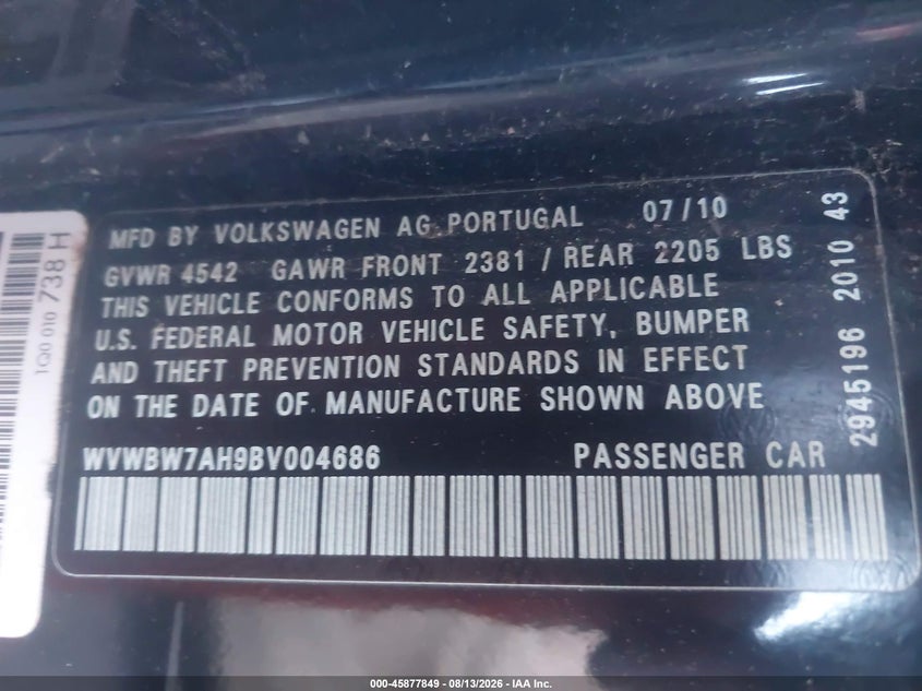 VOLKSWAGEN EOS 2011 VIN WVWBW7AH9BV004686