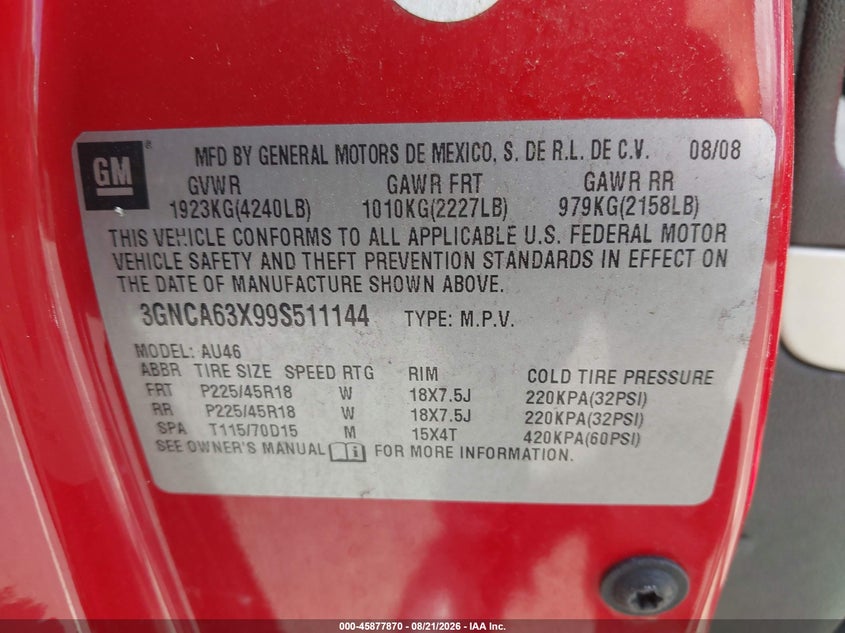 2009 CHEVROLET HHR SPORT UTILITY VEHICLE 2.0L I-4 DI, DOHC, VVT, TURBO, 250HP