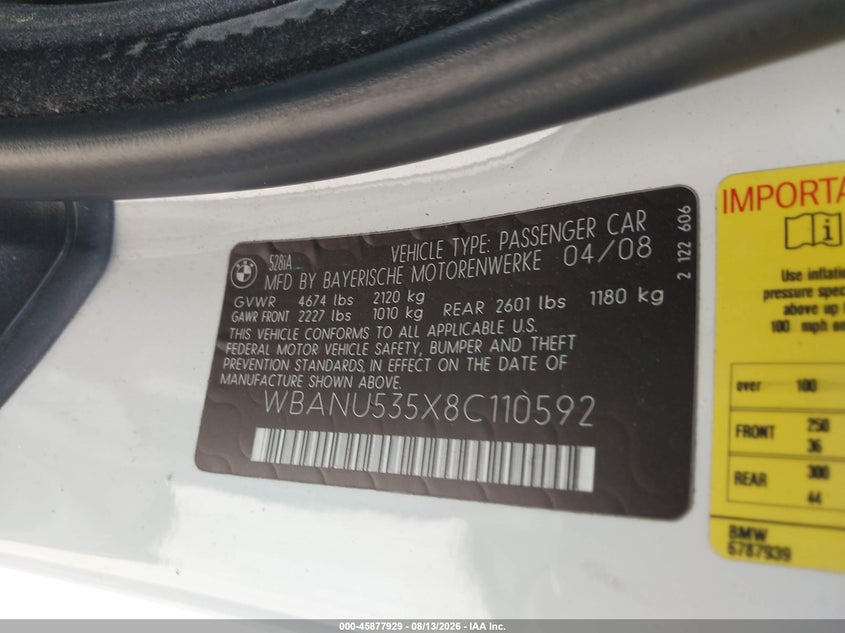 BMW 528I 2008 VIN WBANU535X8C110592