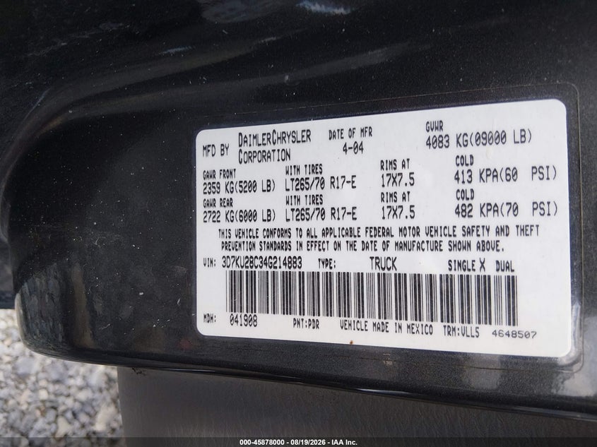 DODGE RAM 2500 2004 VIN 3D7KU28C34G214883