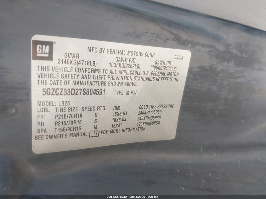 SATURN VUE 2007 VIN 5GZCZ33D27S804591