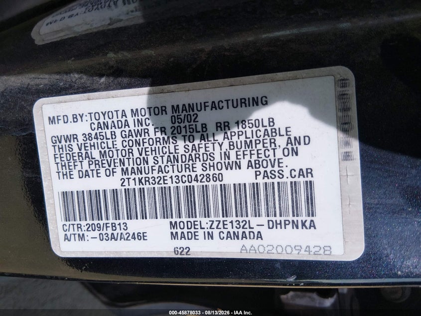 TOYOTA MATRIX 2003 VIN 2T1KR32E13C042860