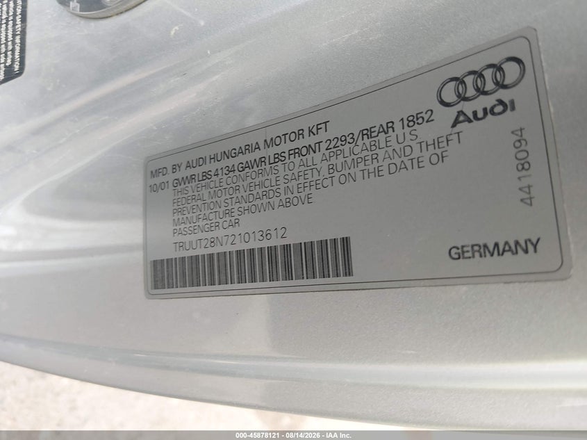 AUDI TT 2002 VIN TRUUT28N721013612