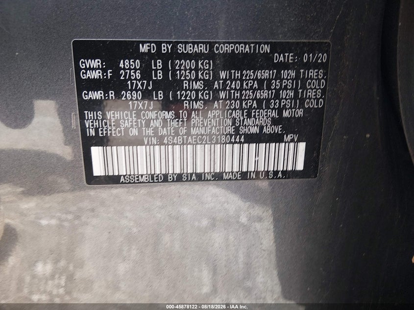 SUBARU OUTBACK 2020 VIN 4S4BTAEC2L3180444
