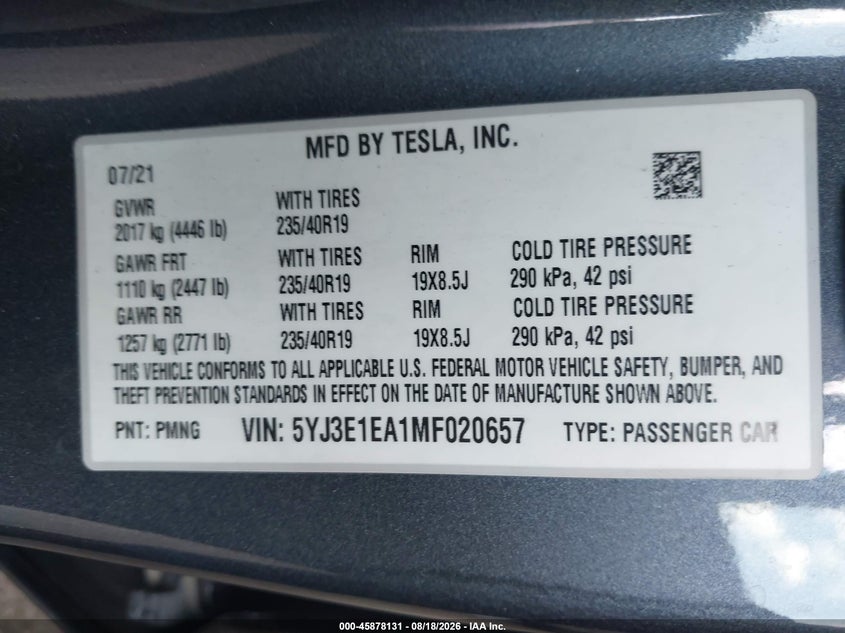 2021 TESLA MODEL 3 SEDAN ELECTRIC