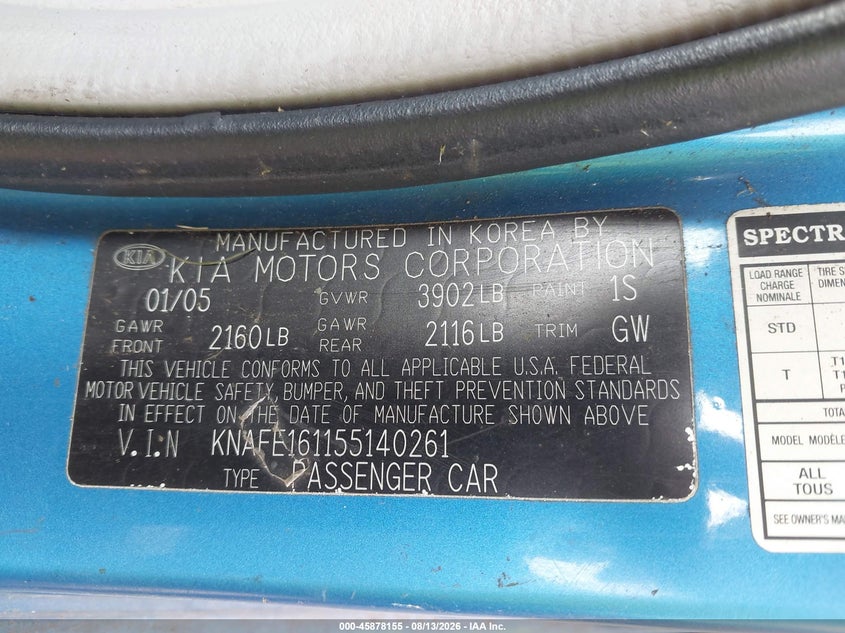 KIA SPECTRA5 2005 VIN KNAFE161155140261